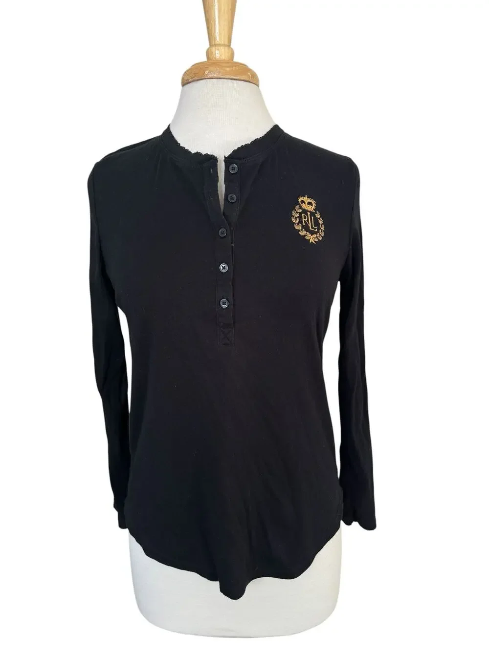 RALPH LAUREN LRL Gold Embroidered Logo Henley Tee in Black Size Medium Womens